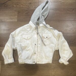 Zara Women's White Denim Jean Jacket with Gray Sweatshirt Removable Hood S NWT